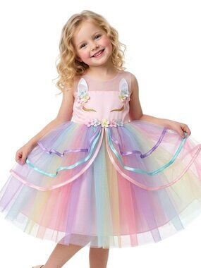 Unicorn-Inspired Rainbow Tulle Dress For Girls